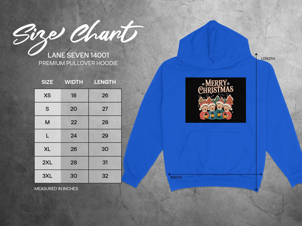 Lane Seven 14001 premium pullover hoodie size chart with width and length measurements in inches.