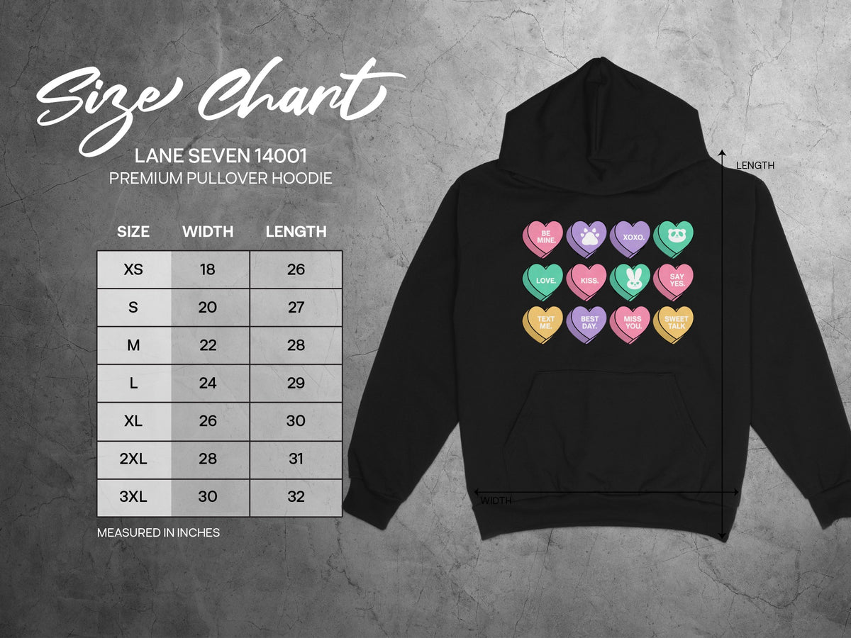 Lane Seven 14001 premium pullover hoodie size chart with measurements.