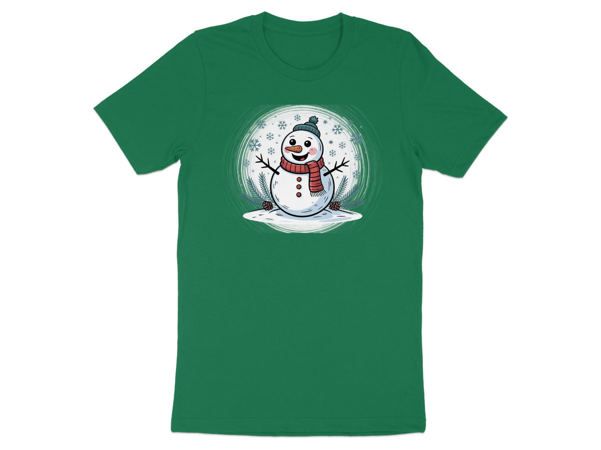 Green t-shirt with a smiling cartoon snowman wearing a scarf and hat.