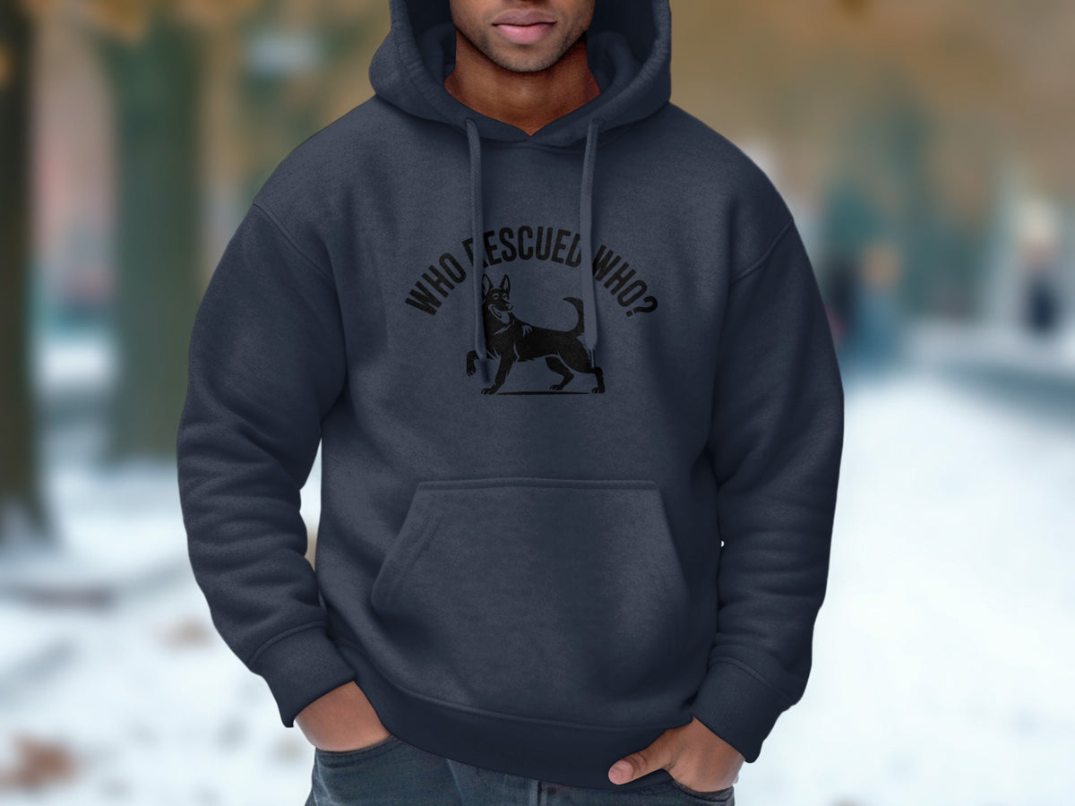 Dark blue hoodie with black graphic of dog and text "WHO RESCUED WHO?"