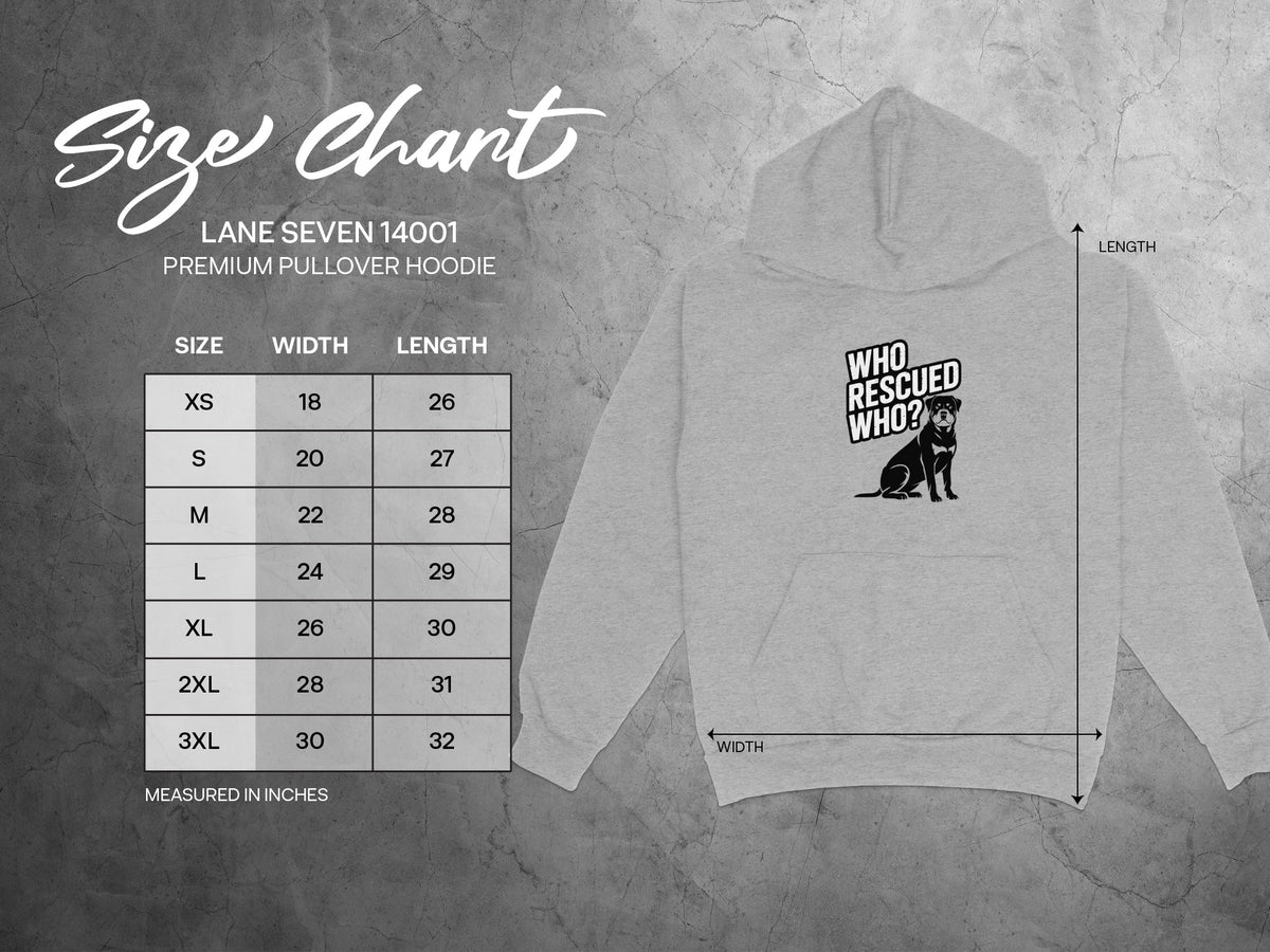 Lane Seven 14001 premium pullover hoodie size chart with width and length measurements in inches.
