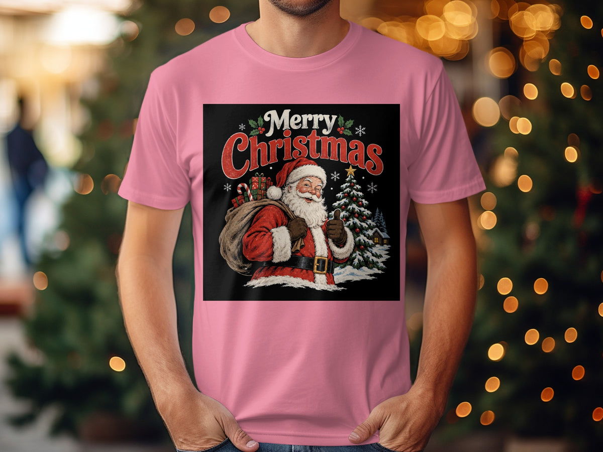 Pink t-shirt with "Merry Christmas" text and Santa Claus graphic.