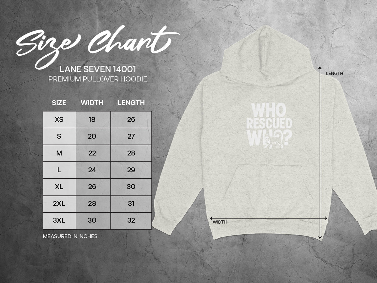 Size chart for Lane Seven 14001 premium pullover hoodie, with measurements.