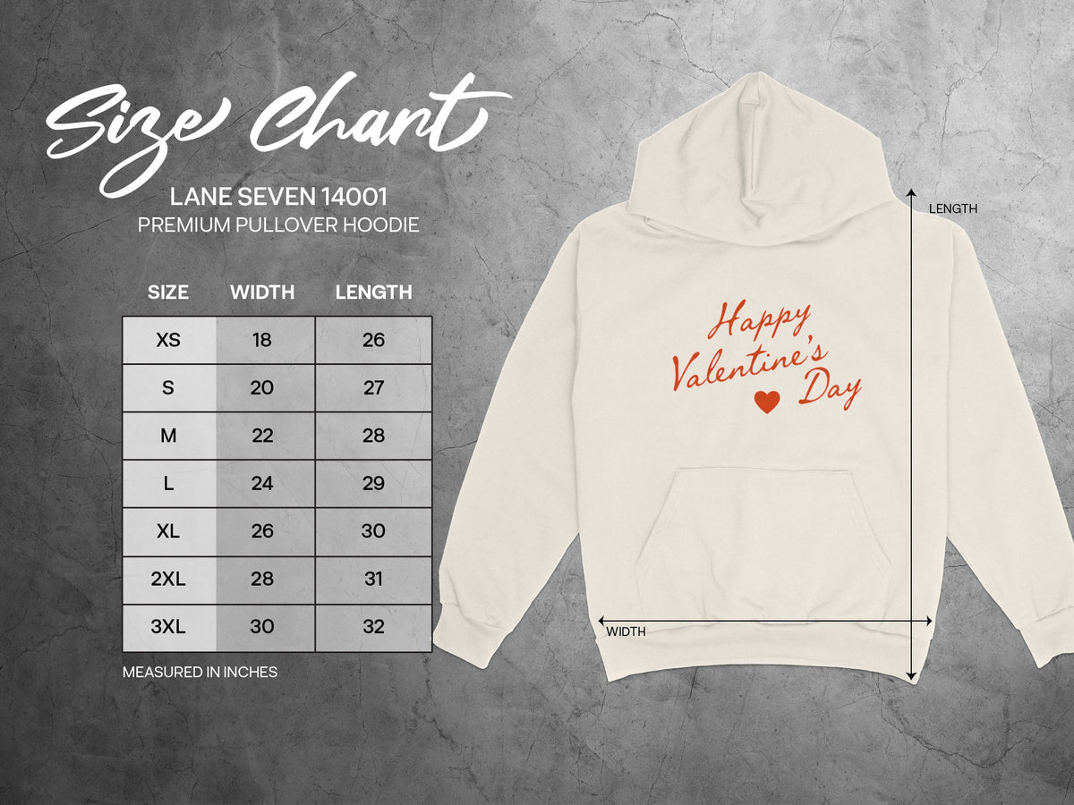 Lane Seven 14001 hoodie size chart with measurements in inches.