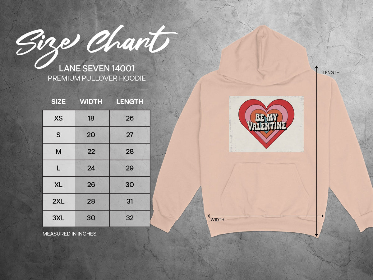 Lane Seven 14001 premium pullover hoodie size chart with width and length measurements.