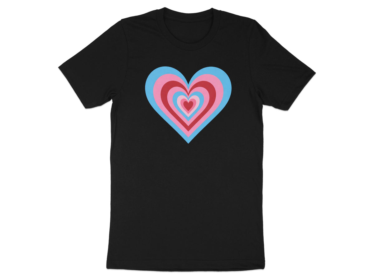 Black t-shirt with a concentric heart design in pink, blue, and red.