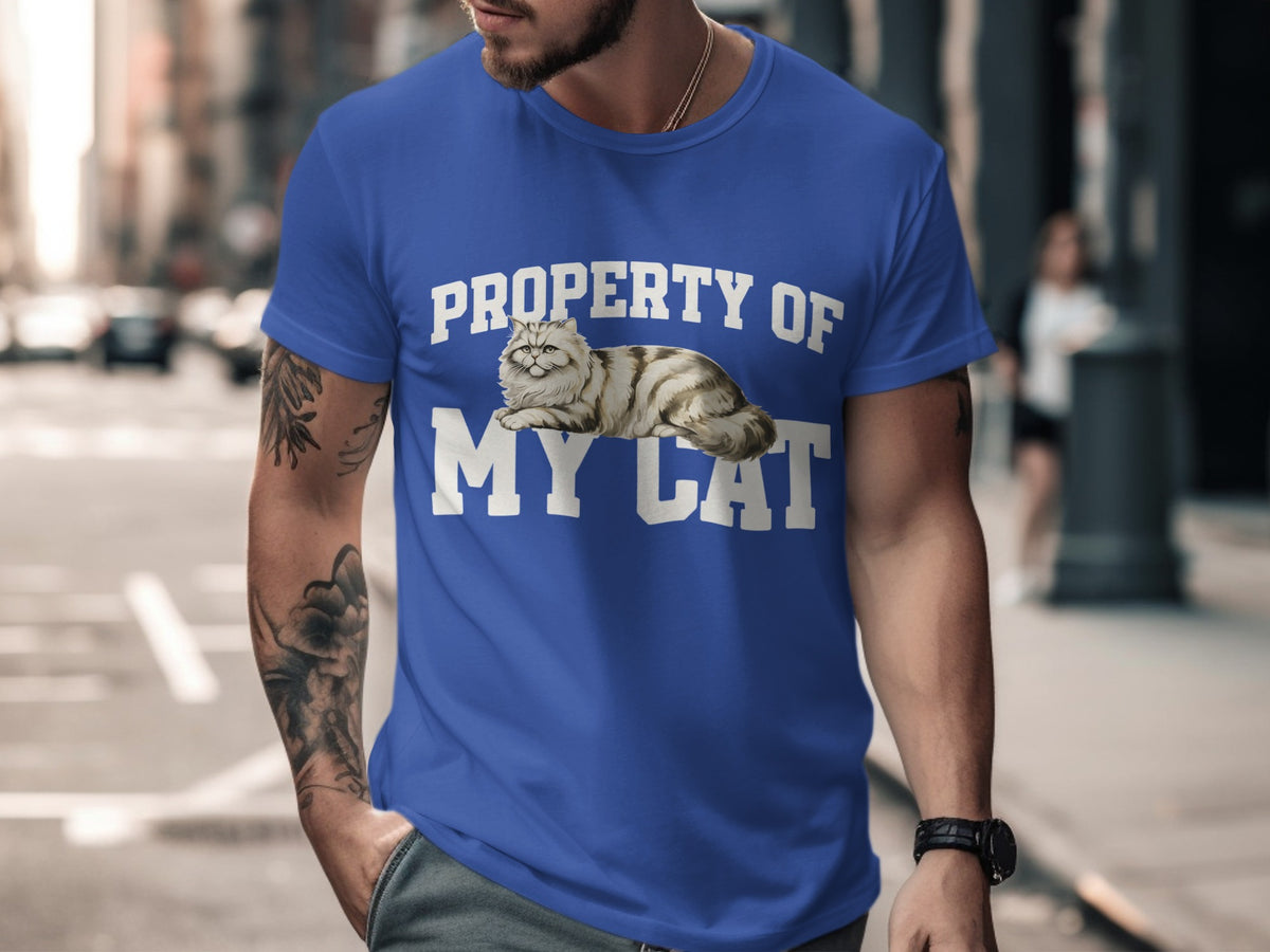 Blue t-shirt with "Property of My Cat" and a cat graphic.