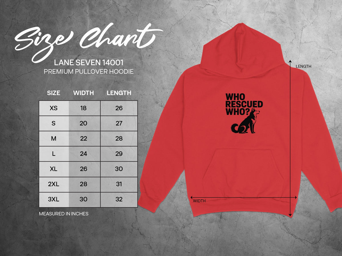 Lane Seven 14001 hoodie size chart with width and length measurements in inches.