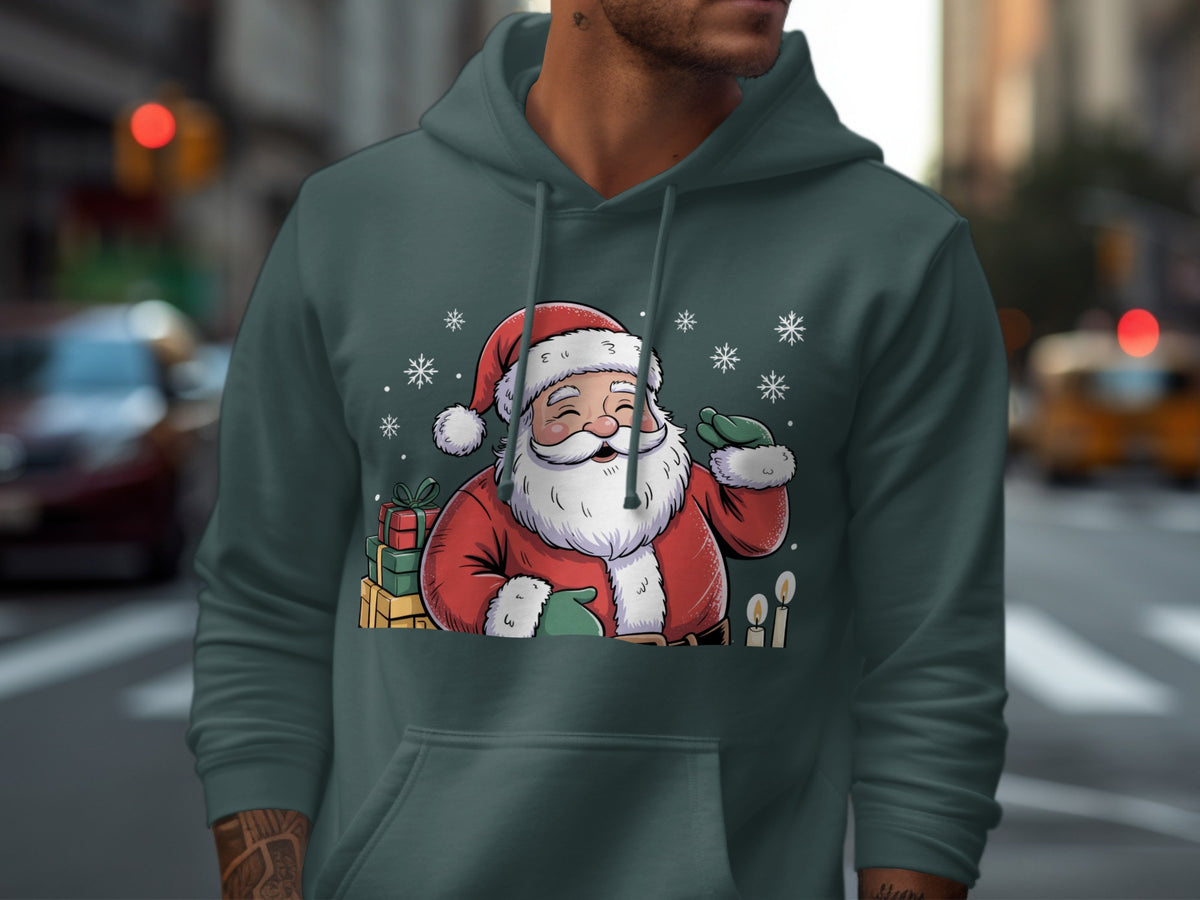 A dark green hooded sweatshirt featuring a cartoon graphic of Santa Claus surrounded by gifts, candles, and snowflakes.