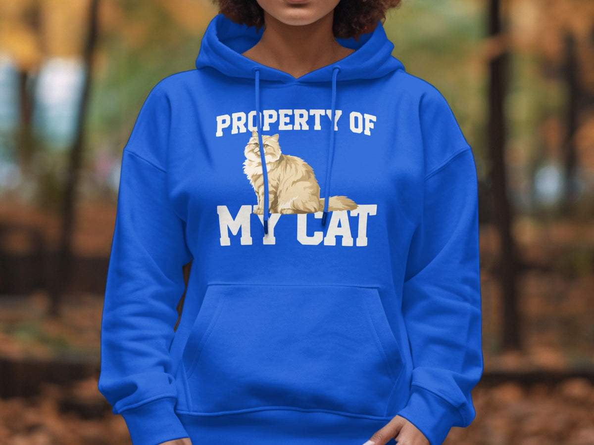 Blue hoodie with "PROPERTY OF MY CAT" and a cat illustration.