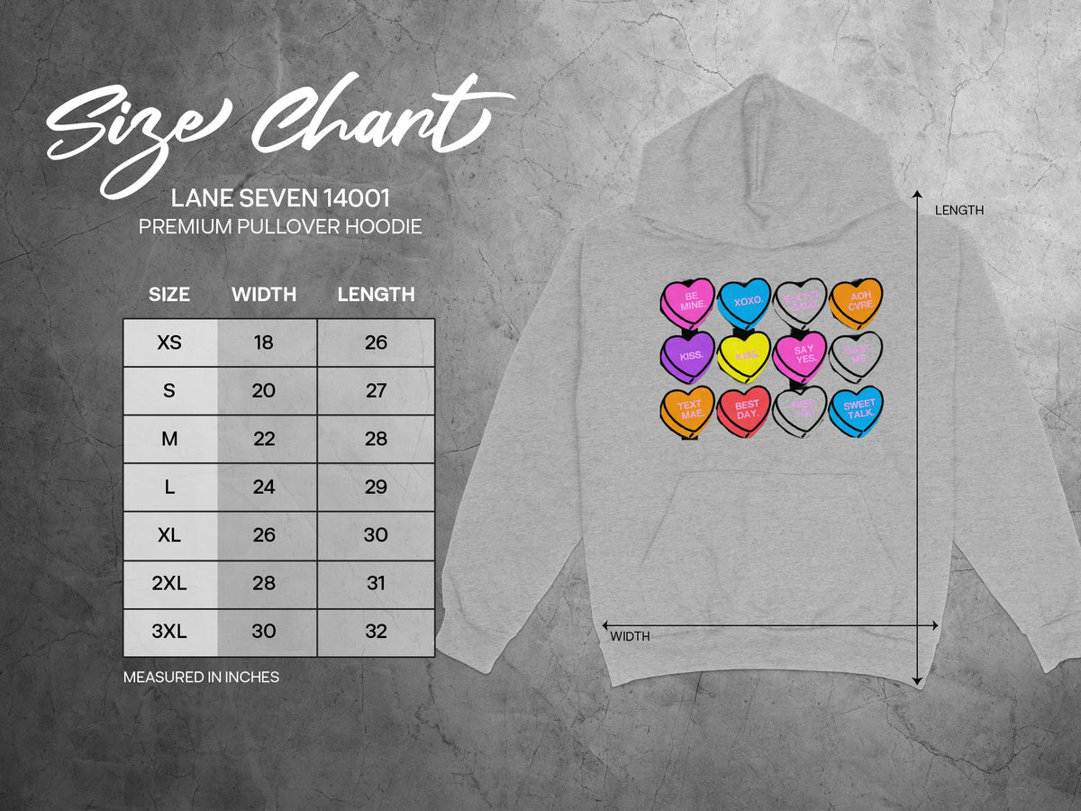 Lane Seven 14001 hoodie size chart with width and length measurements in inches.