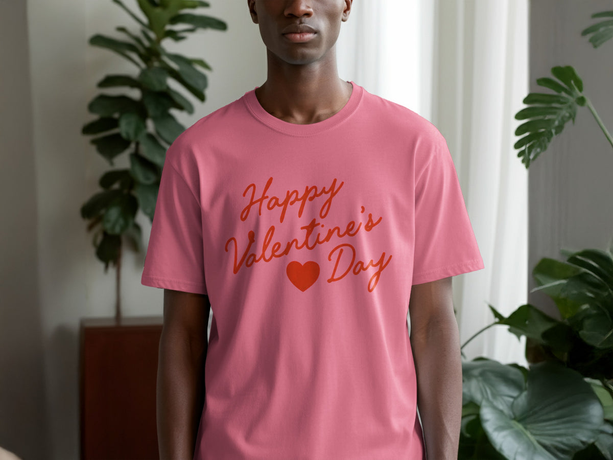 Pink t-shirt with "Happy Valentine's Day" text and a red heart.