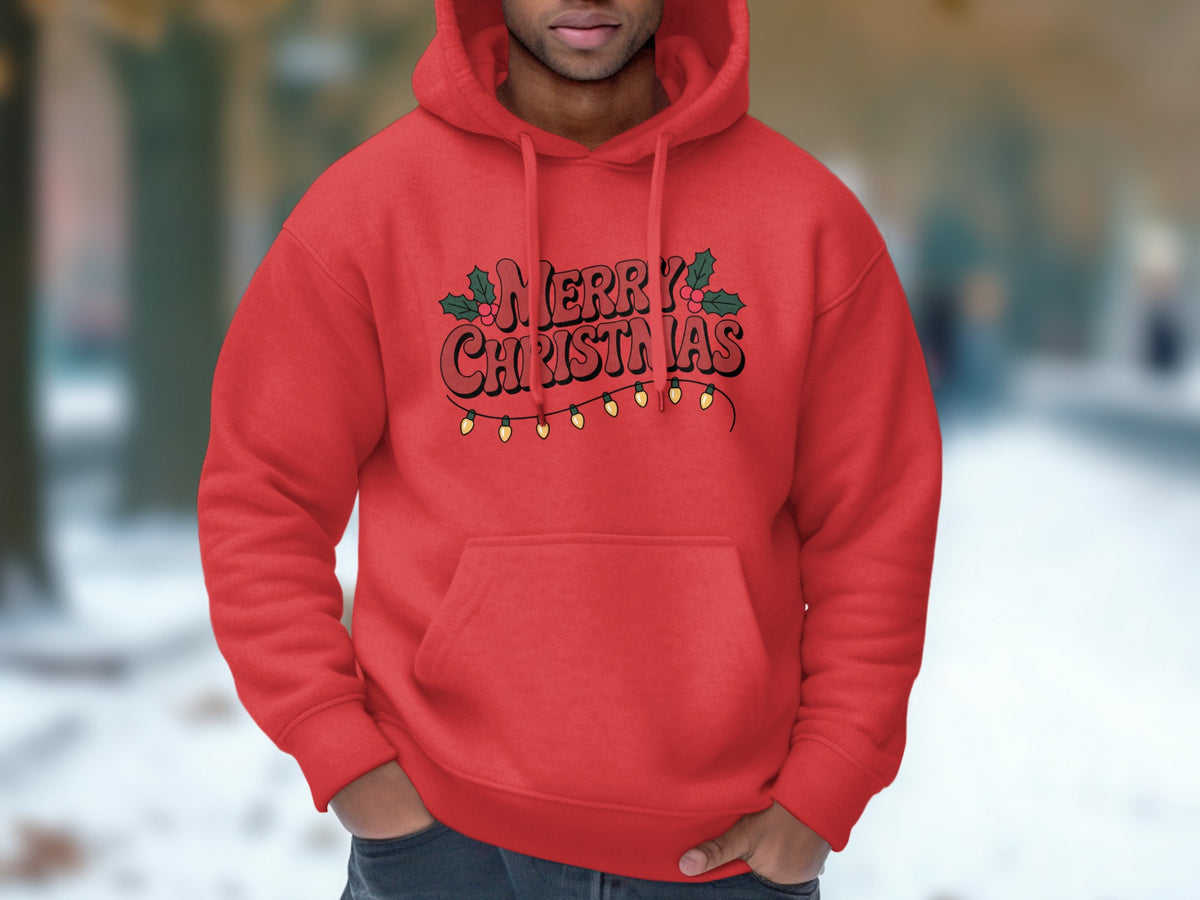 A person wearing a red hooded sweatshirt with Merry Christmas text and a string of lights.