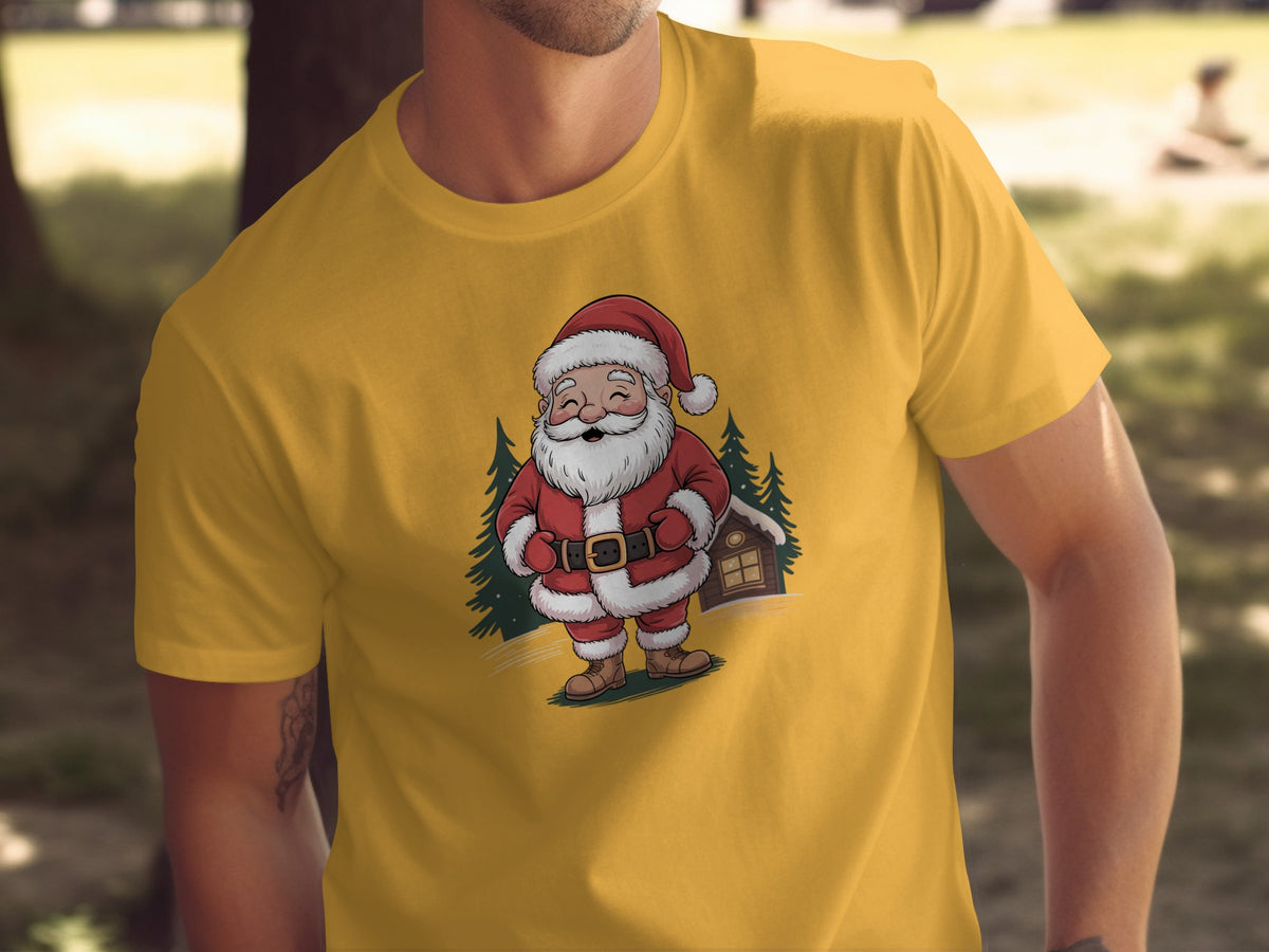 Yellow t-shirt with a cartoon of Santa Claus standing by a small cabin.