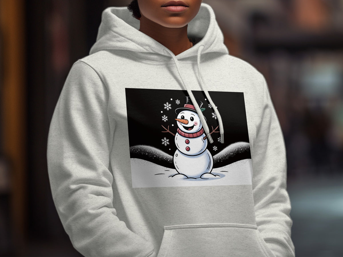 White hoodie with a cartoon snowman graphic on the front.