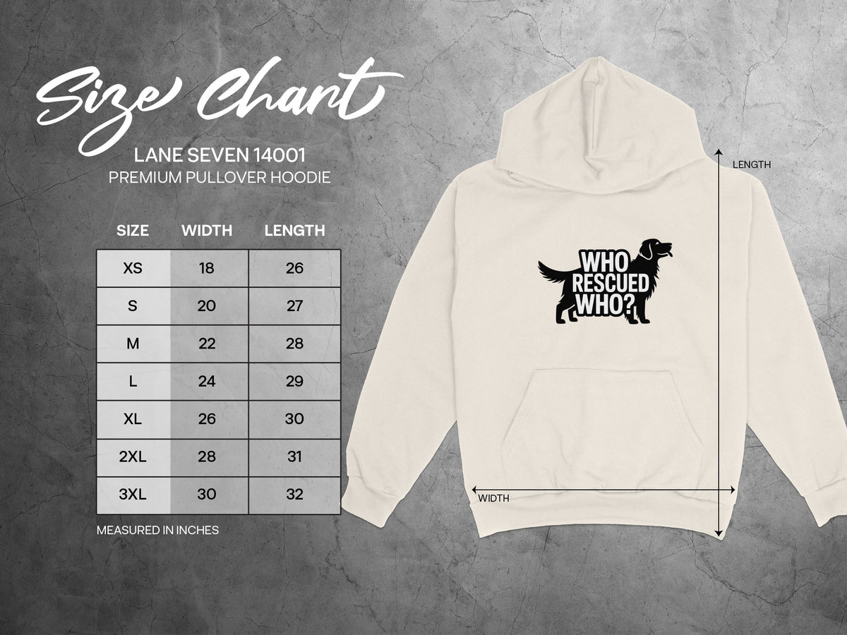 Size chart for Lane Seven 14001 premium pullover hoodie with dog graphic.