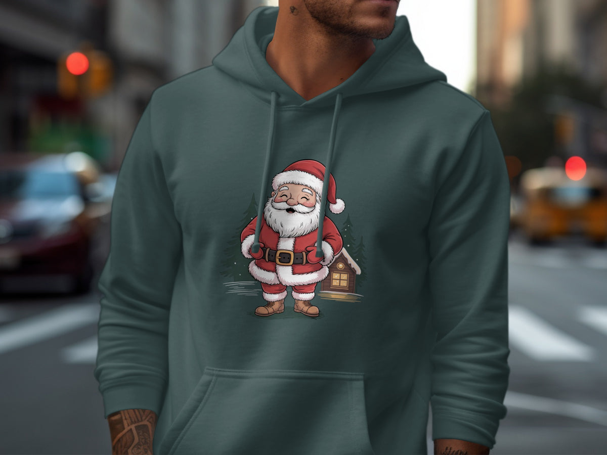 A man wearing a dark green hoodie with a cartoon graphic of Santa Claus.