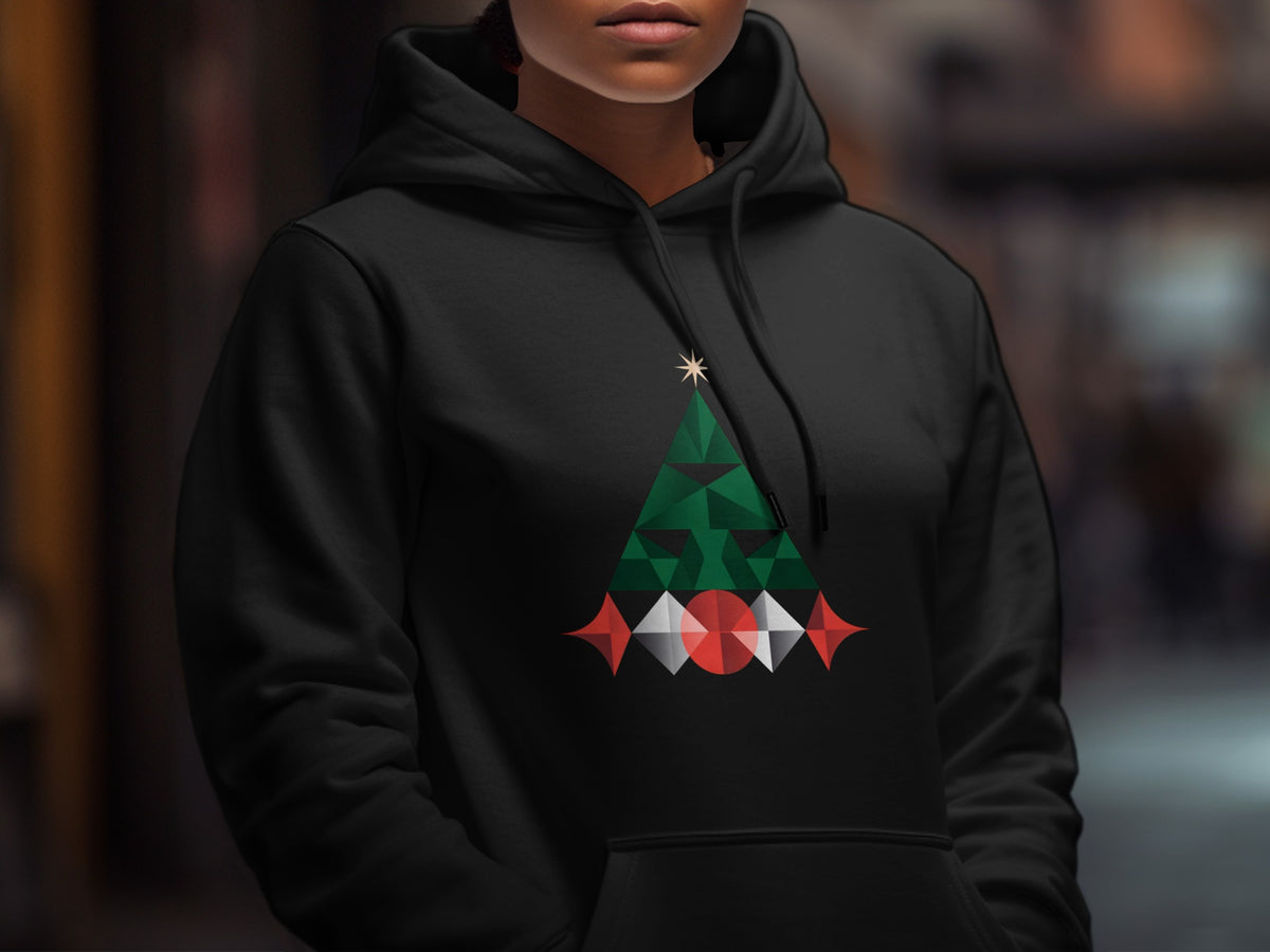 Black hoodie with geometric Christmas tree graphic and star.
