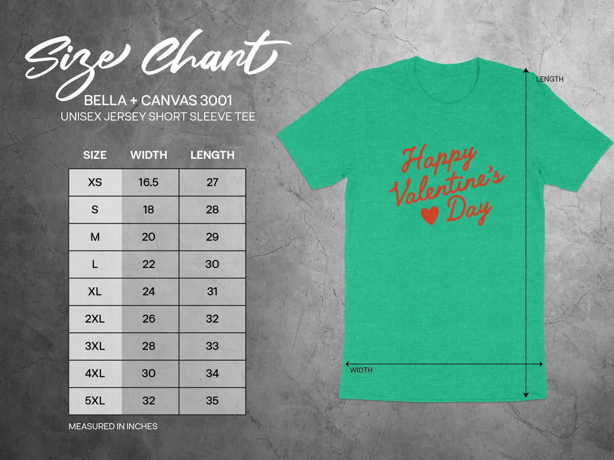 Size chart for Bella + Canvas 3001 unisex jersey t-shirt with width and length measurements.