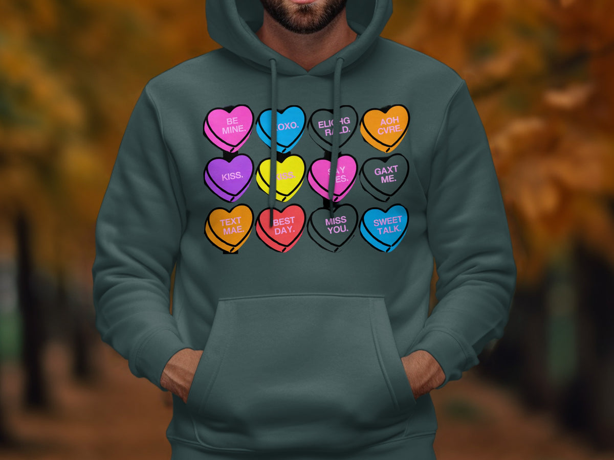 Hoodie with candy hearts reading "Be Mine", "Oxo", "Kiss", "Say Yes", "Text Mae", "Best Day", "Miss You", "Sweet Talk".