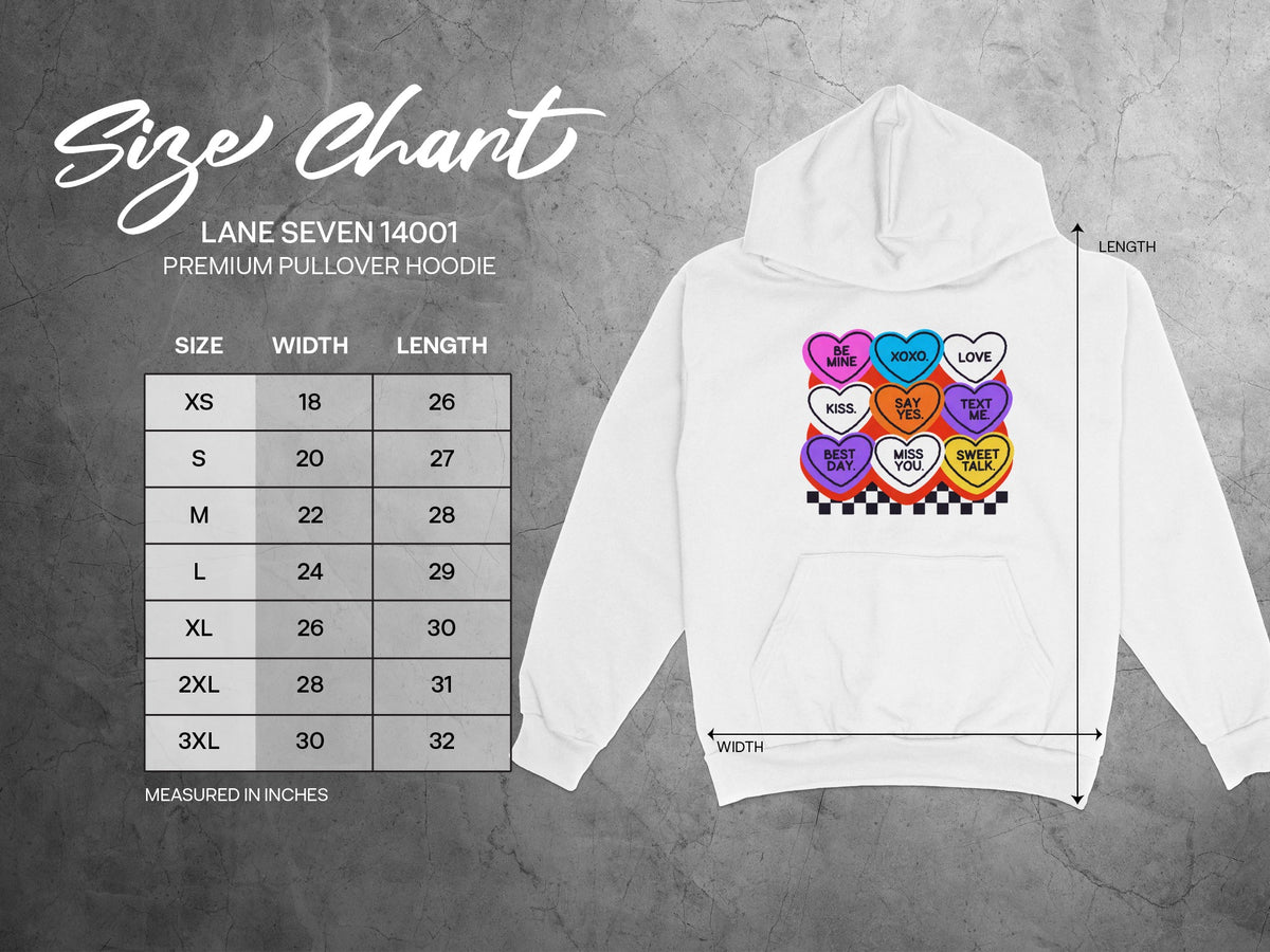 Lane Seven 14001 pullover hoodie size chart with width and length measurements.