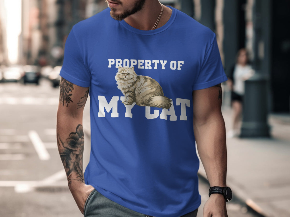 Blue t-shirt with "PROPERTY OF MY CAT" text and a fluffy cat graphic.