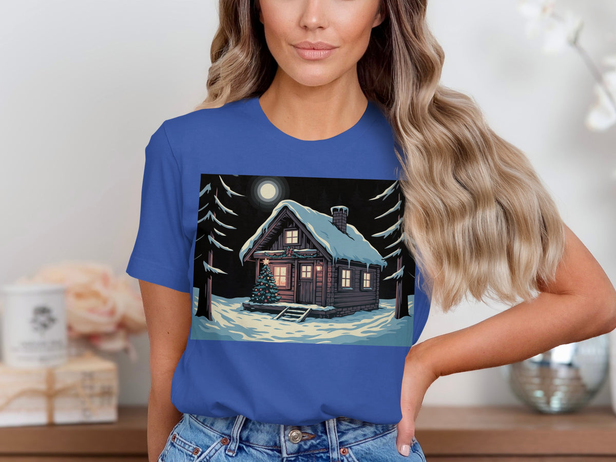 Illustration of a snow-covered log cabin with a Christmas tree and moonlight.