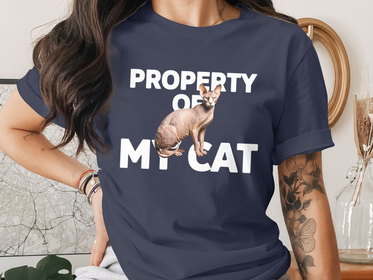 Navy t-shirt with "Property of My Cat" and a Sphynx cat graphic.