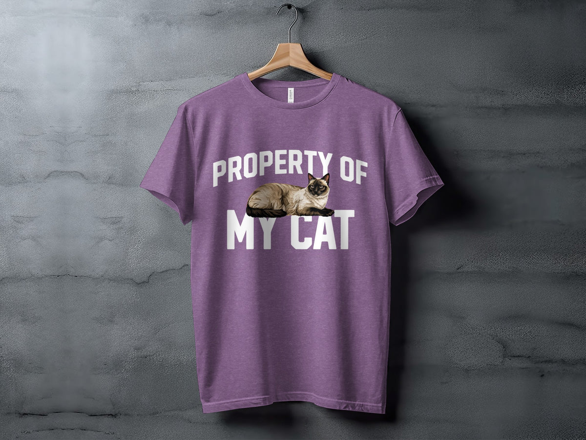 Purple t-shirt with "PROPERTY OF MY CAT" and a Siamese cat graphic.