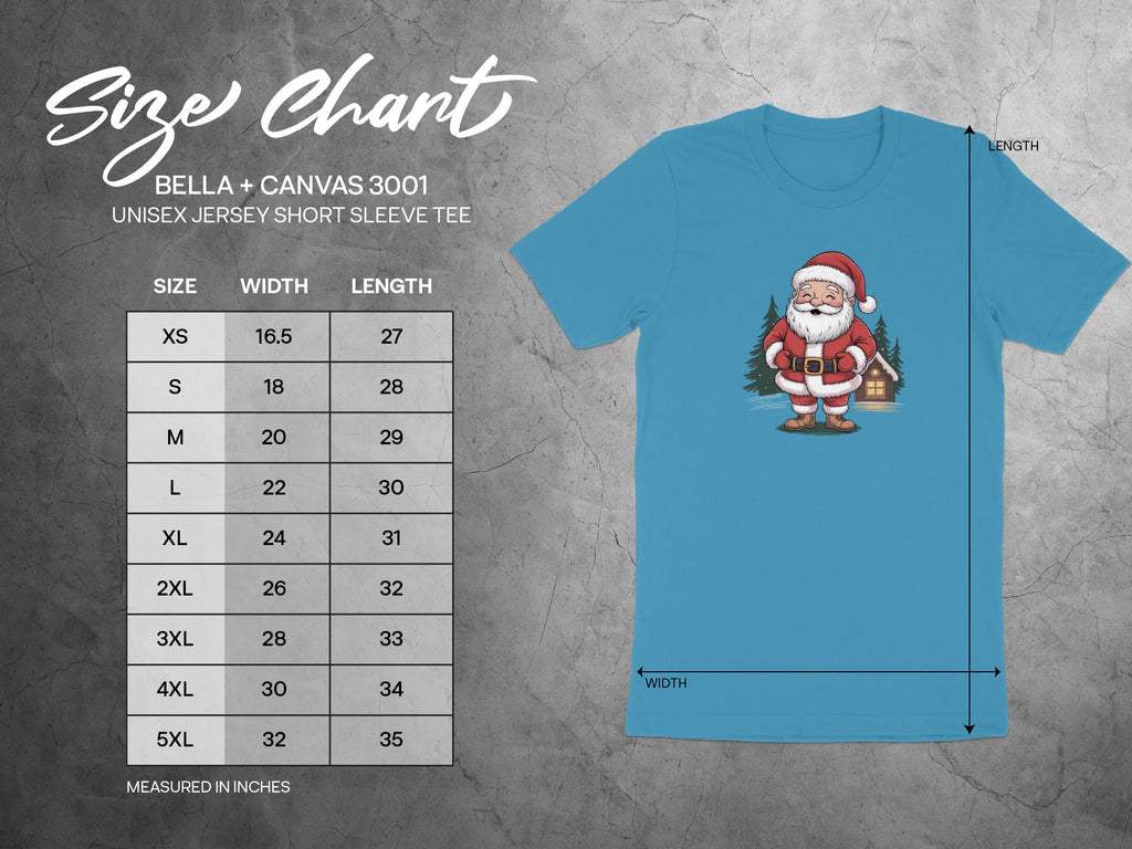 Bella + Canvas 3001 unisex t-shirt size chart with measurements in inches.