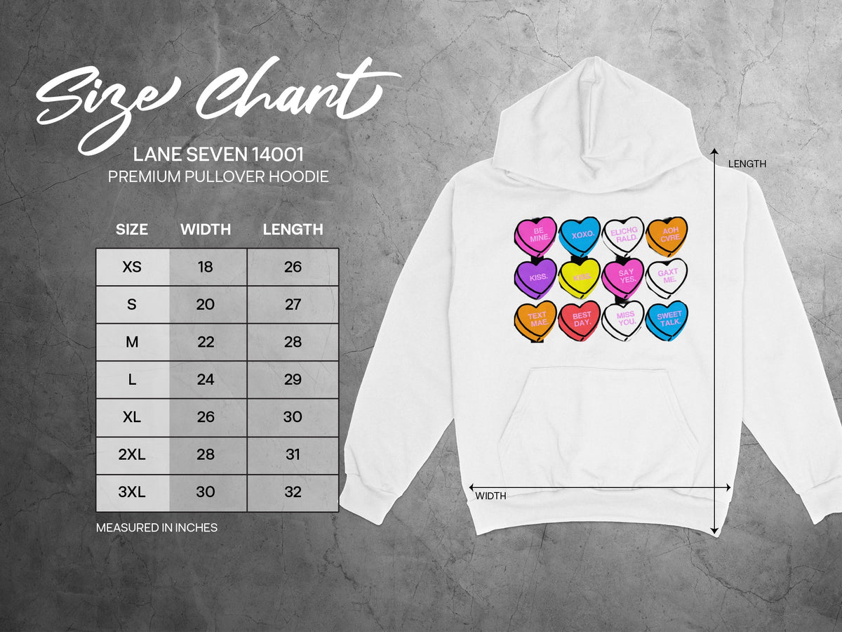Size chart for Lane Seven 14001 premium pullover hoodie with width and length measurements.