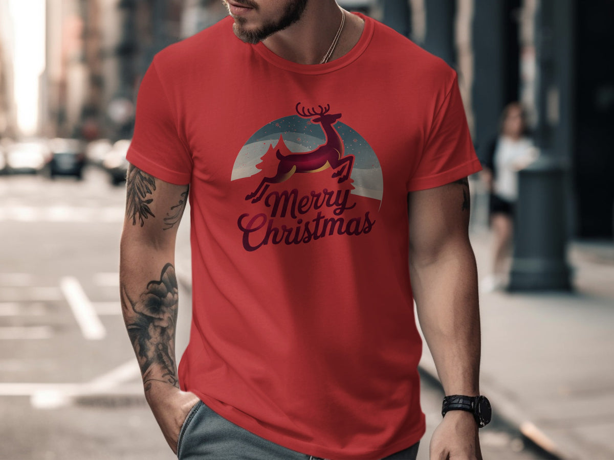 Red t-shirt with leaping reindeer and "Merry Christmas" text graphic.
