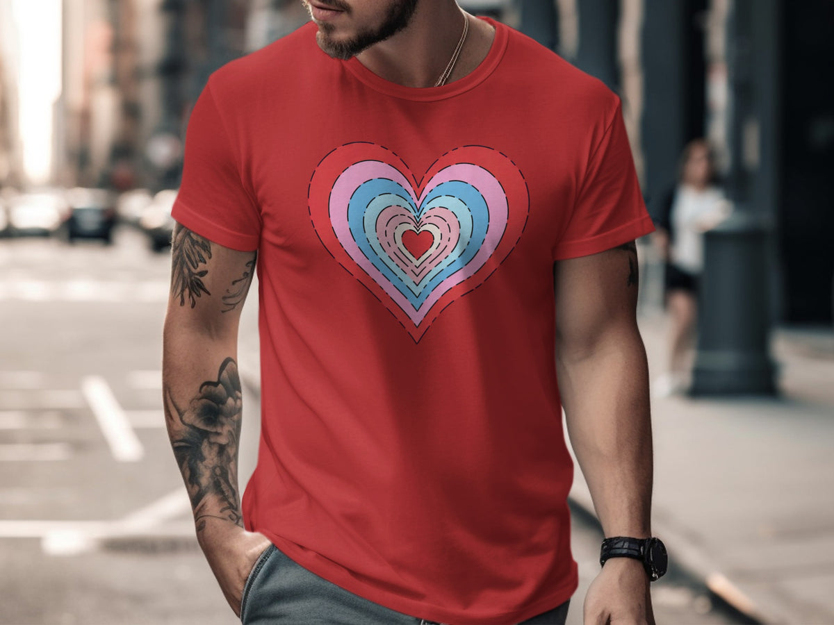 Red t-shirt with concentric heart graphic in pink, blue, and red hues.