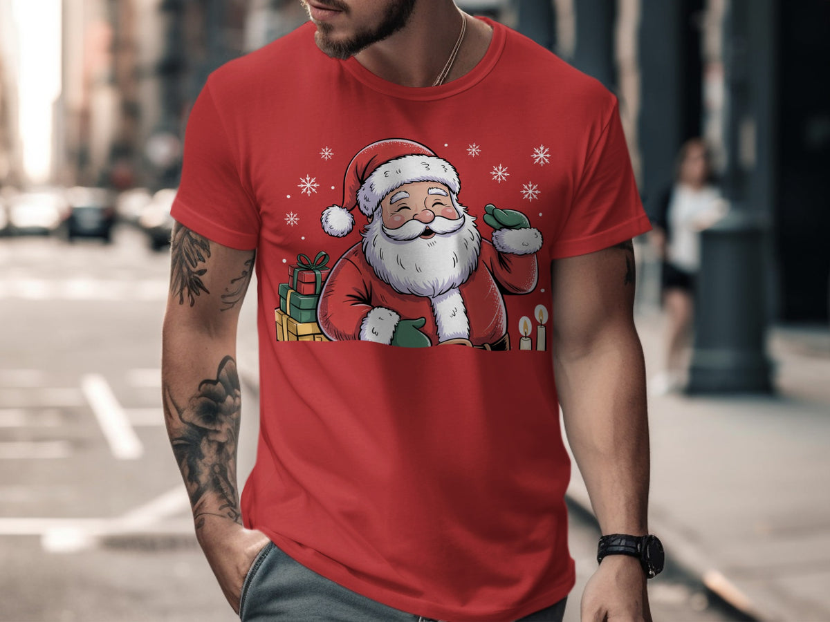 Red t-shirt with a cartoon Santa Claus, presents, and snowflakes graphic.