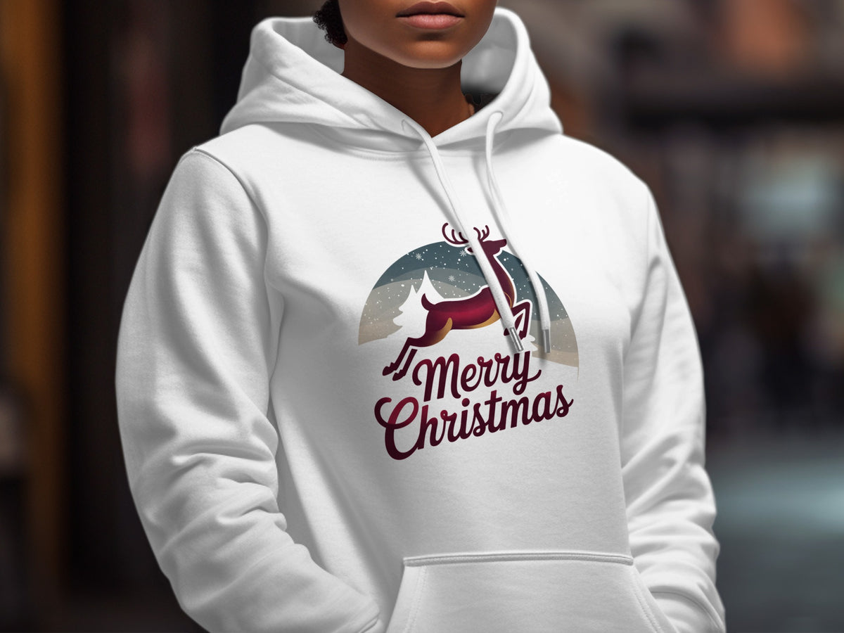 White hoodie with a festive Christmas graphic featuring a reindeer and the words "Merry Christmas".