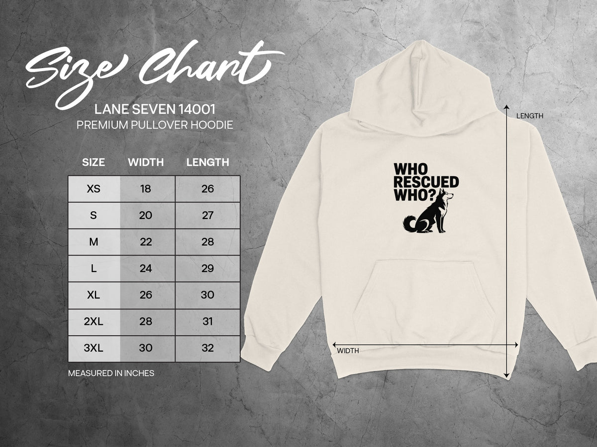 Lane Seven 14001 hoodie size chart with width and length measurements in inches.