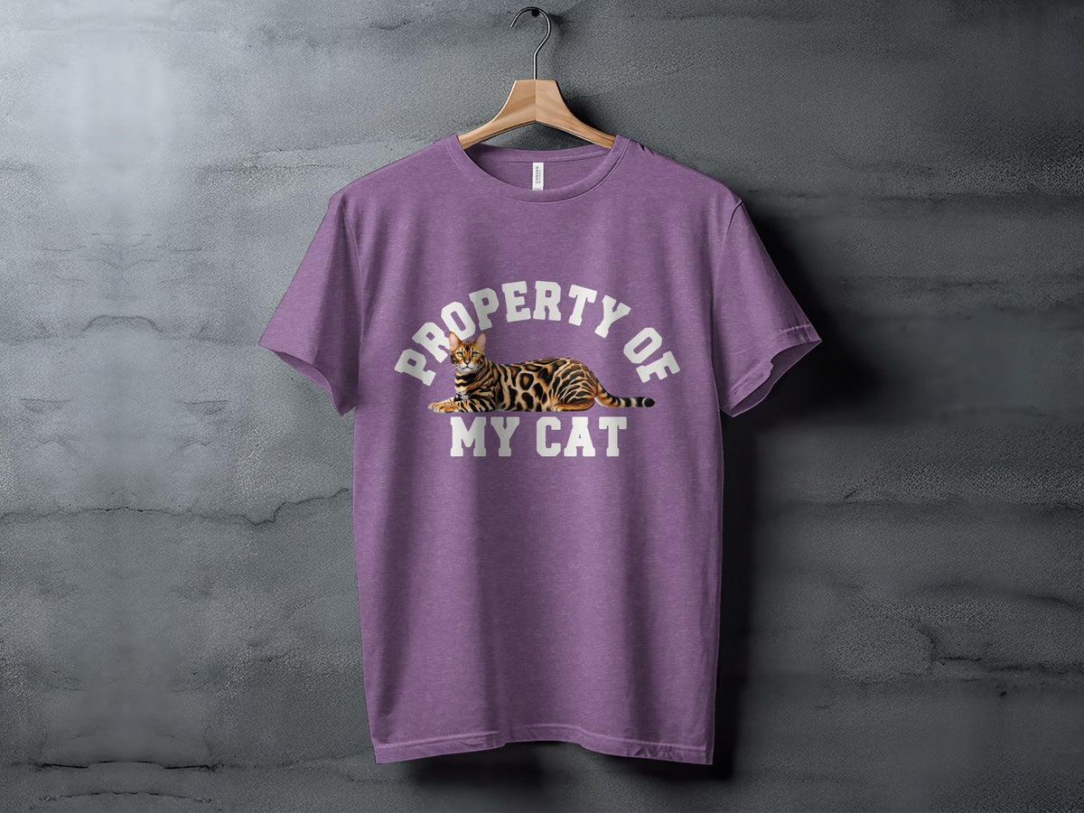 Purple t-shirt with "PROPERTY OF MY CAT" text and a Bengal cat graphic.