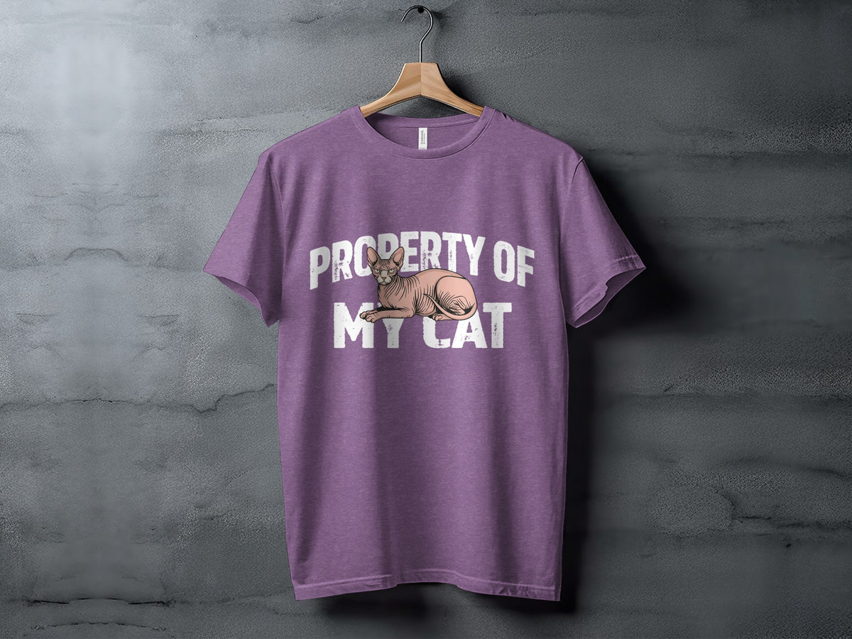 Purple t-shirt with graphic of sphinx cat and text "PROPERTY OF MY CAT".