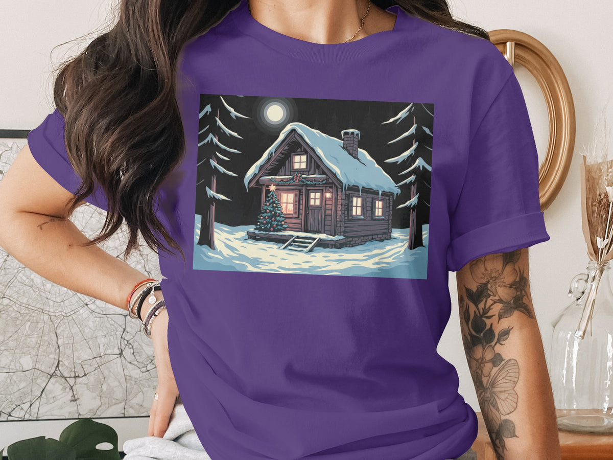 Christmas cabin in snowy woods with moon and decorated tree.