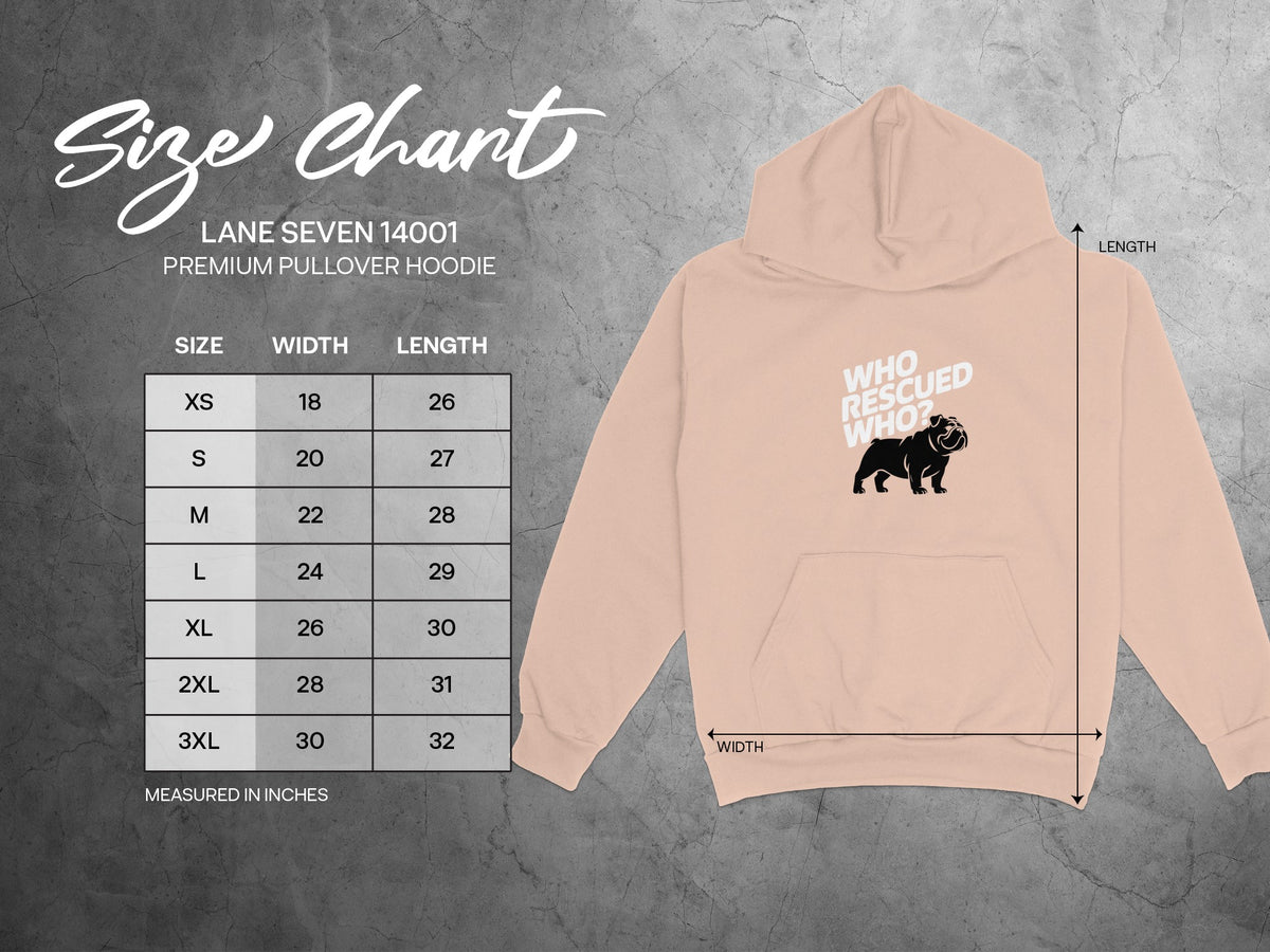 Lane Seven 14001 premium pullover hoodie size chart with measurements in inches.