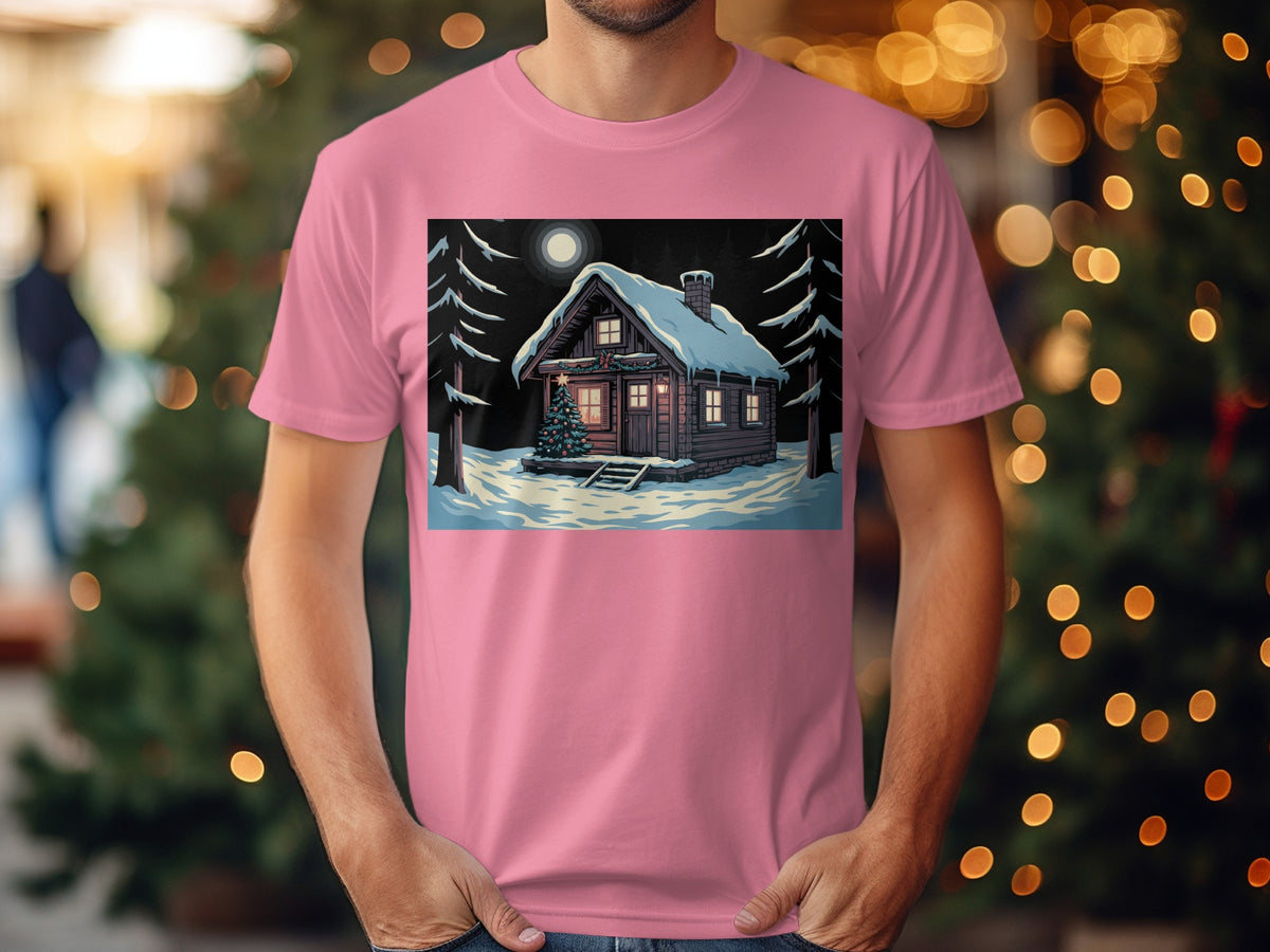 Winter cabin with Christmas tree graphic on a pink t-shirt.