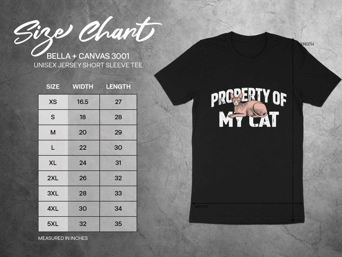 Bella+Canvas 3001 unisex tee size chart with width and length measurements in inches.
