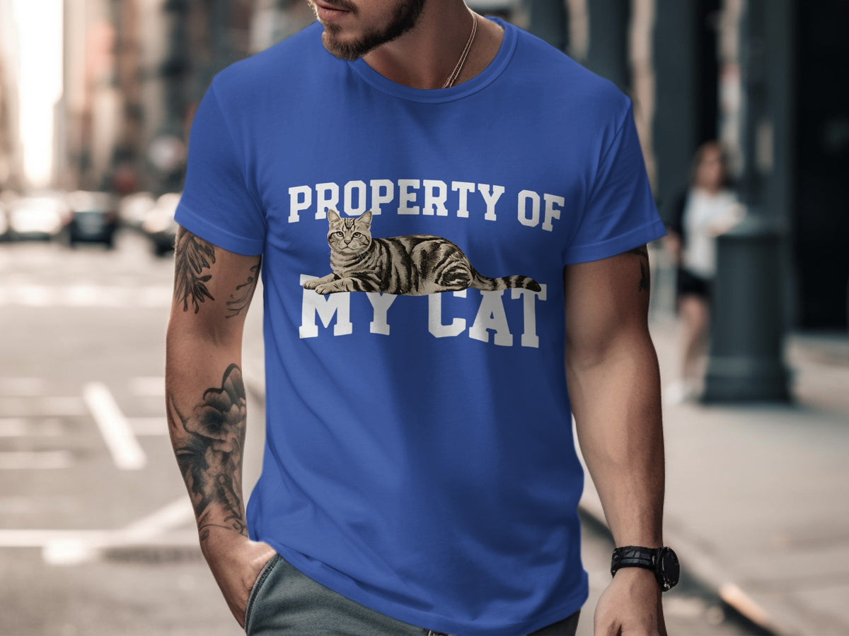Blue t-shirt with "Property of My Cat" and a cat graphic.