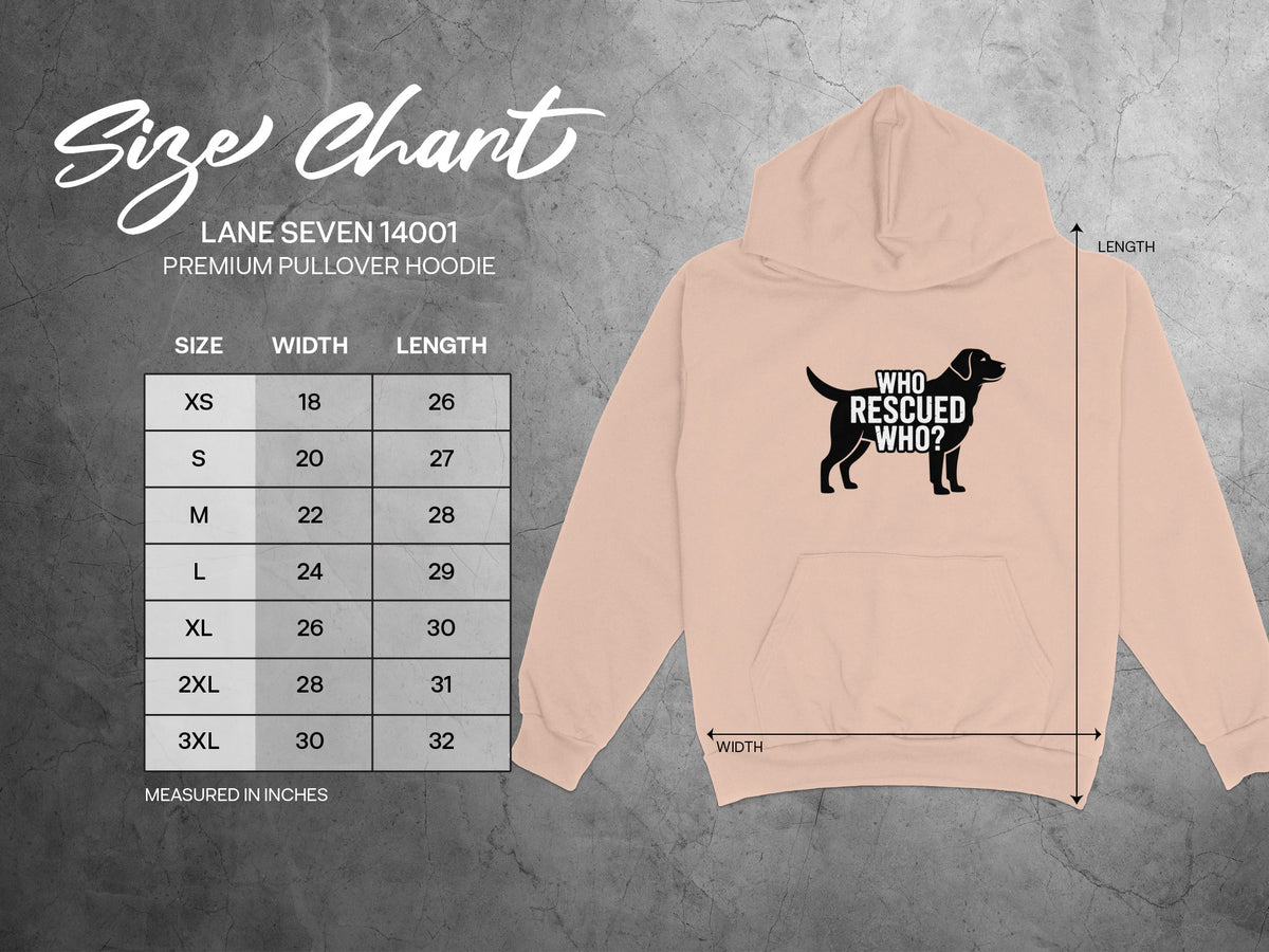 Lane Seven 14001 Premium Pullover Hoodie size chart with measurements in inches.