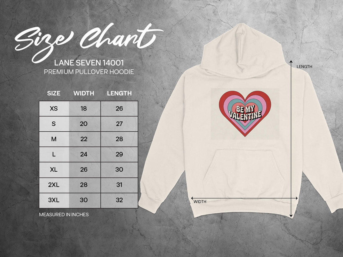 Lane Seven 14001 premium pullover hoodie size chart with measurements in inches.