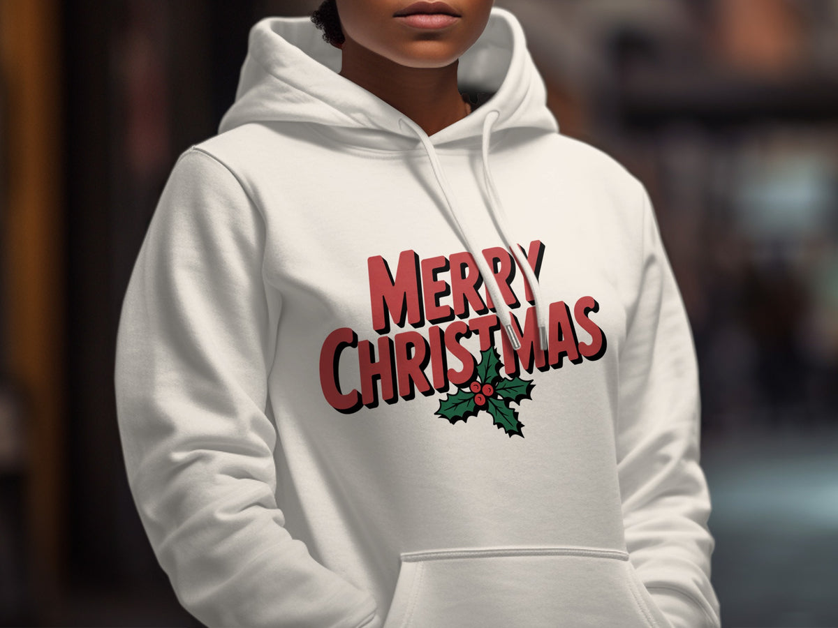 White hoodie with red "MERRY CHRISTMAS" text and holly graphic.