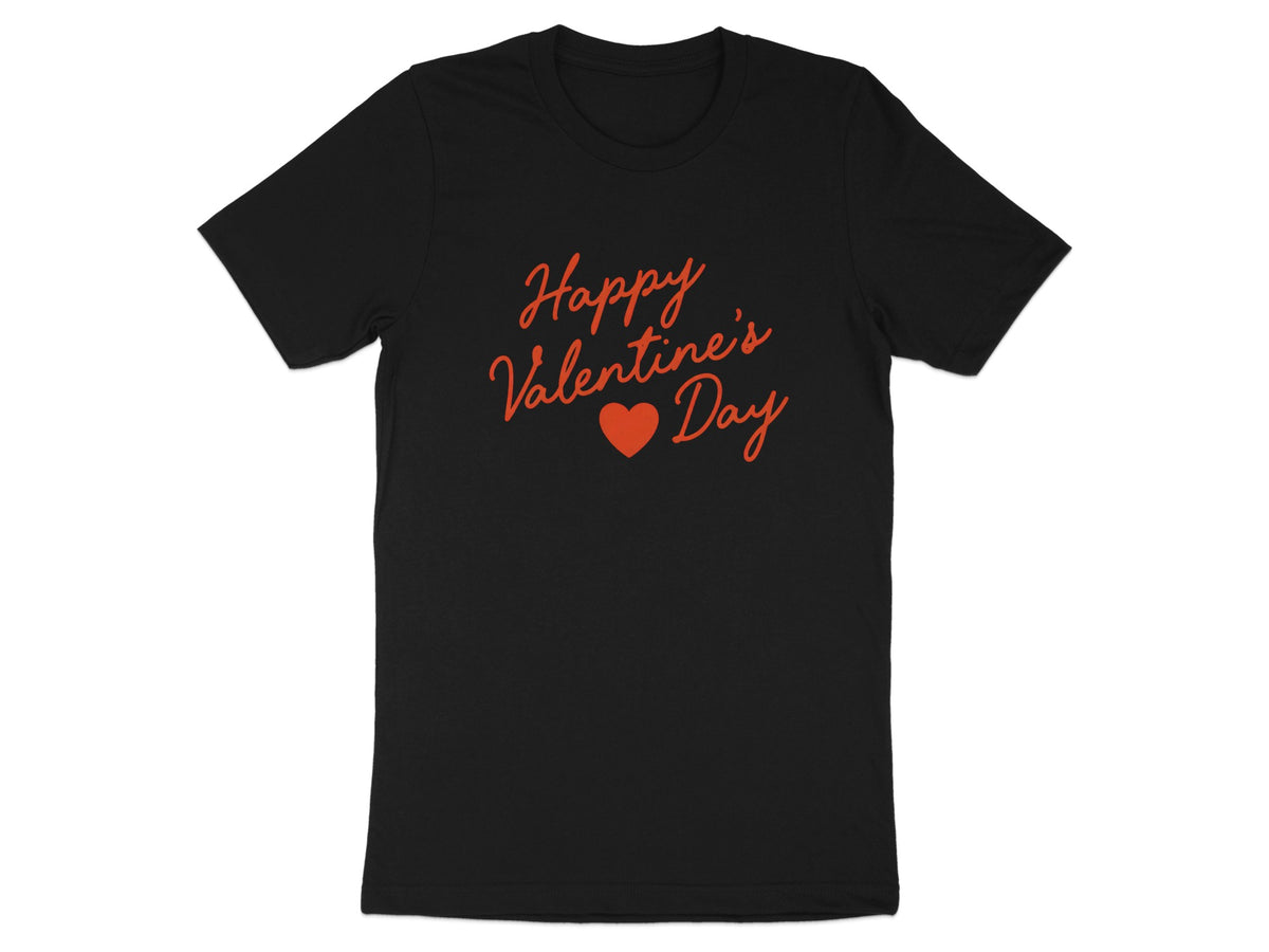 A black short-sleeved t-shirt featuring the red cursive text Happy Valentine's Day with a small heart.