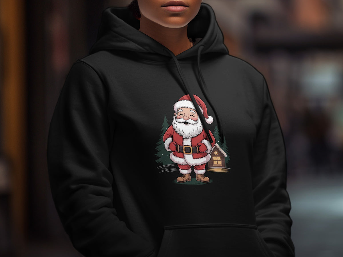 A person wearing a black hoodie with a graphic print of Santa Claus in front of trees.