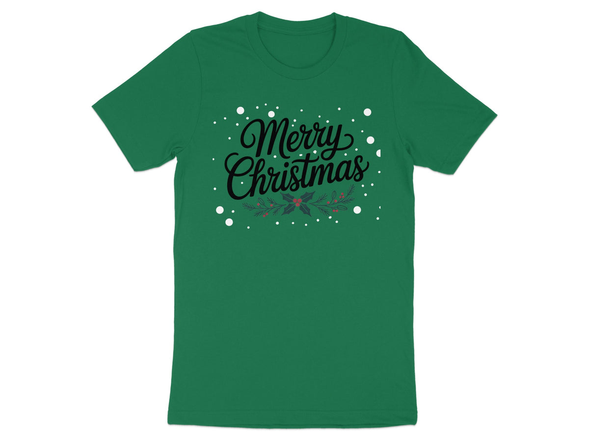 Green t-shirt with "Merry Christmas" text and holly graphic.