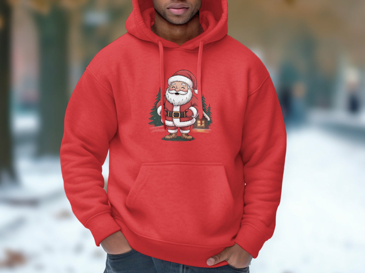 A man wearing a red hooded sweatshirt featuring a smiling Santa Claus graphic on the chest.